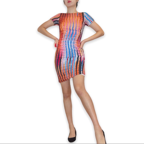 TracyReese Artsy Multicolor Stripe Psychedelic Print Ruched Bodycon Silk dress 0 - Picture 2 of 16